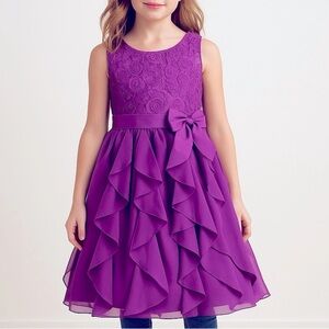 Charming Mia Juliana Girls Purple Ruffle Party Dress w/ Lace & Bow – Size 16